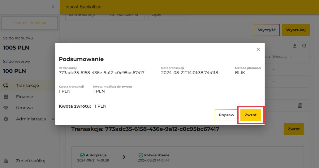 Panel Transakcyjny InPost Pay - Podsumowanie zwrotu