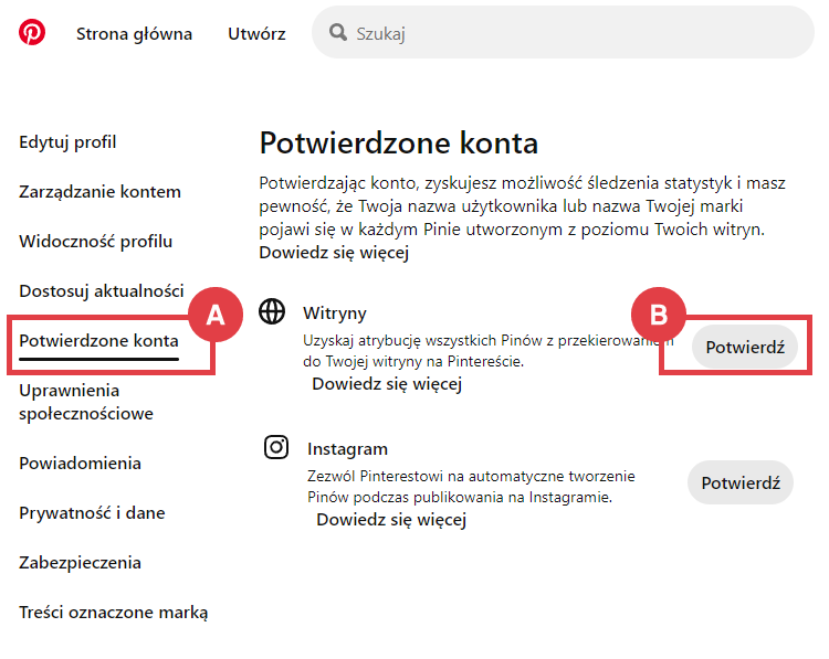 Panel Pinterest > Potwierdzone witryny