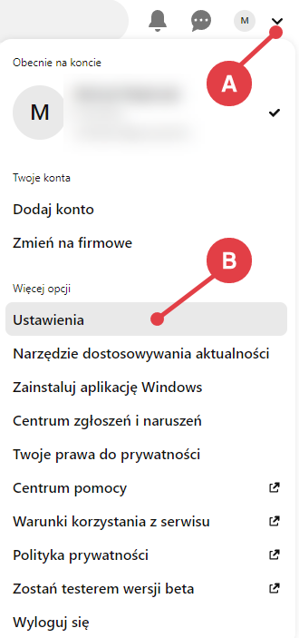 Panel Pinterest > Ustawienia