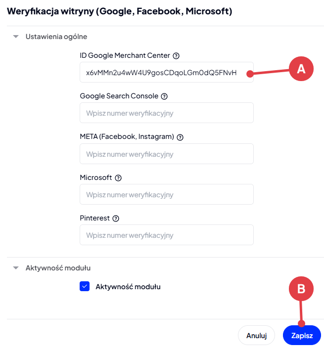 Shoper Visual Editor > Pop-upy i dotatki> Weryfikacja witryny - Google Merchant Center