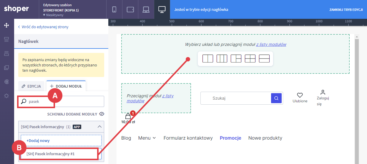 Dodaj moduł Pasek informacyjny do układu strony Shoper Visual Editor > Moduł: Pasek informacyjny
