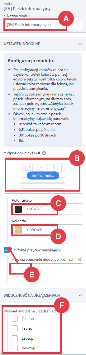 Skonfiguruj ustawienia paska informacyjnego Shoper Visual Editor > Moduł: Pasek infromacyjny