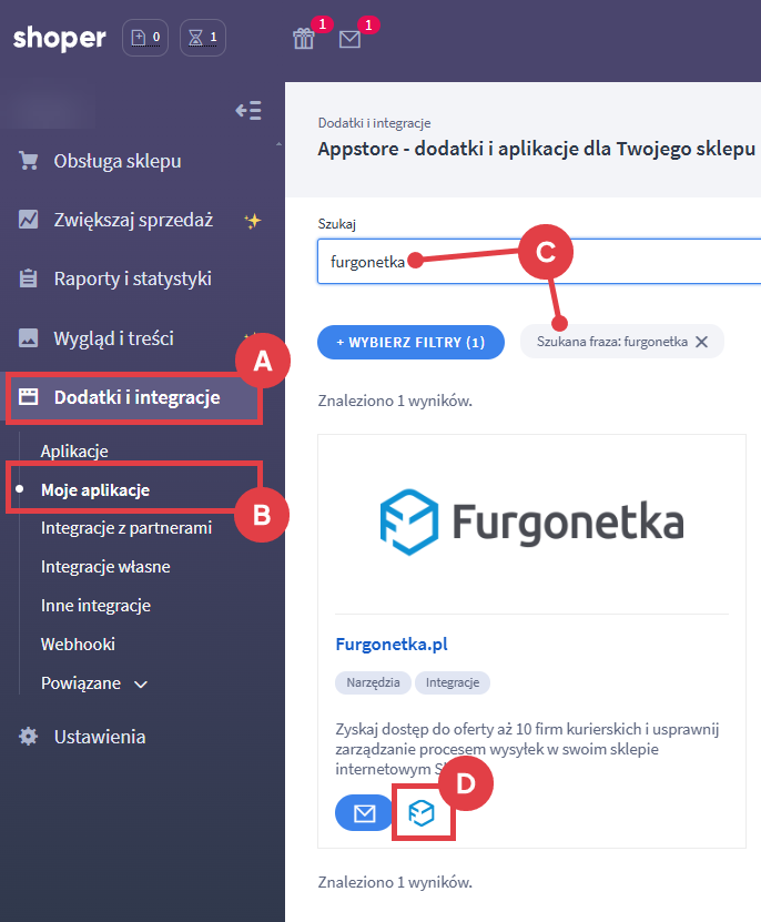 Dodatki i integracje > Moje aplikacje > Furgonetka