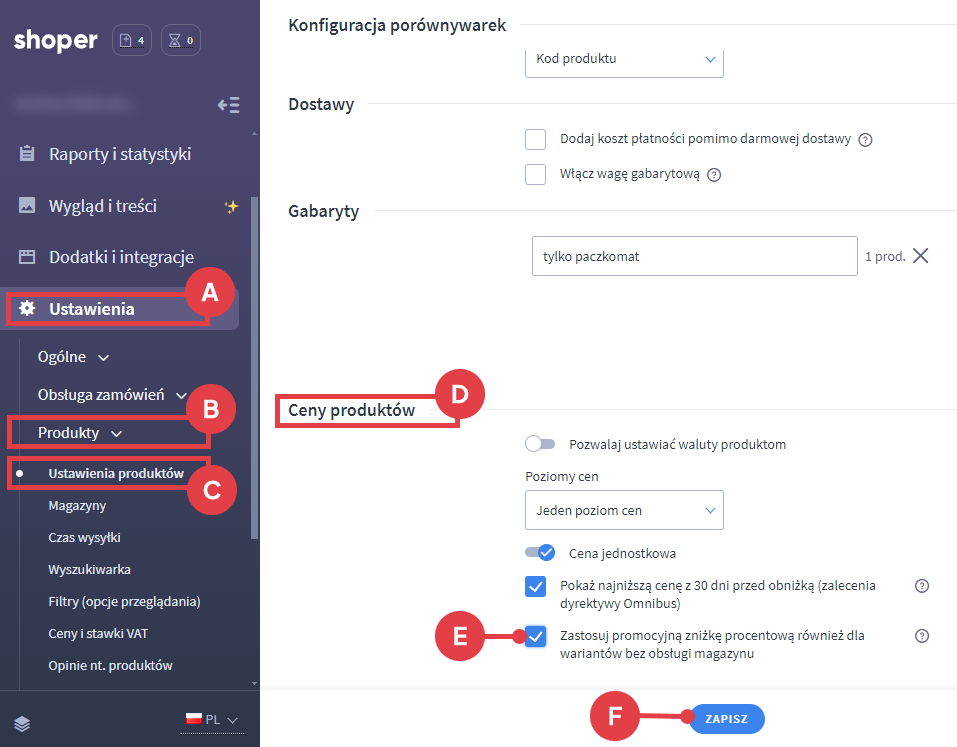 Zaznacz opcję, aby włączyć warianty niemagazynowe do ceny promocyjnej produktu Panel administracyjny sklepu > Ustawienia > Produkty > Ustawienia produktów > Ceny produktów