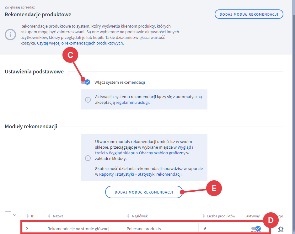 Lista modułów rekomendacji Panel administracyjny sklepu Shoper > Zwiększaj sprzedaż > Shoper rekomendacje