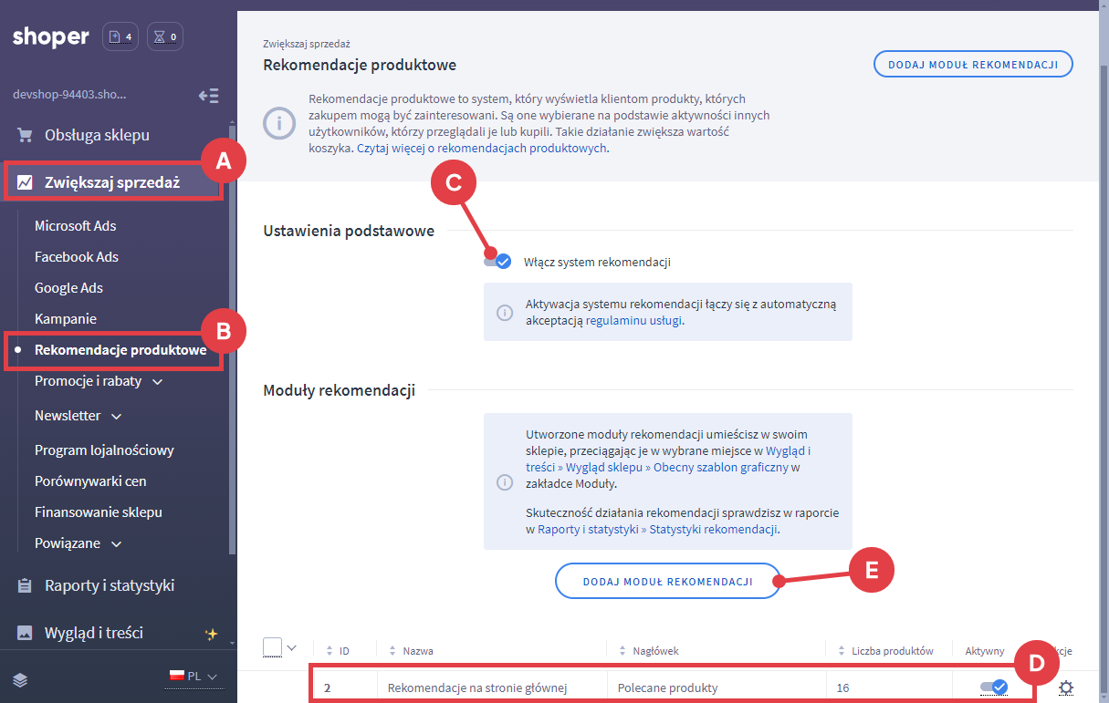 Lista modułów rekomendacji Panel administracyjny sklepu Shoper > Zwiększaj sprzedaż > Shoper rekomendacje