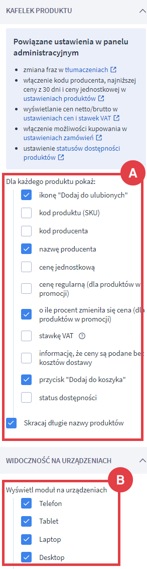 Pozostałe ustawienia w module rekomendacji produktowych Shoper Visual Editor: Moduł rekomendacji produktowych