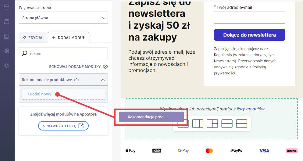 Wstaw moduł: Rekomendacje produktowe na stronę sklepu Shoper Visual Editor: Moduł Rekomendacje produktowe