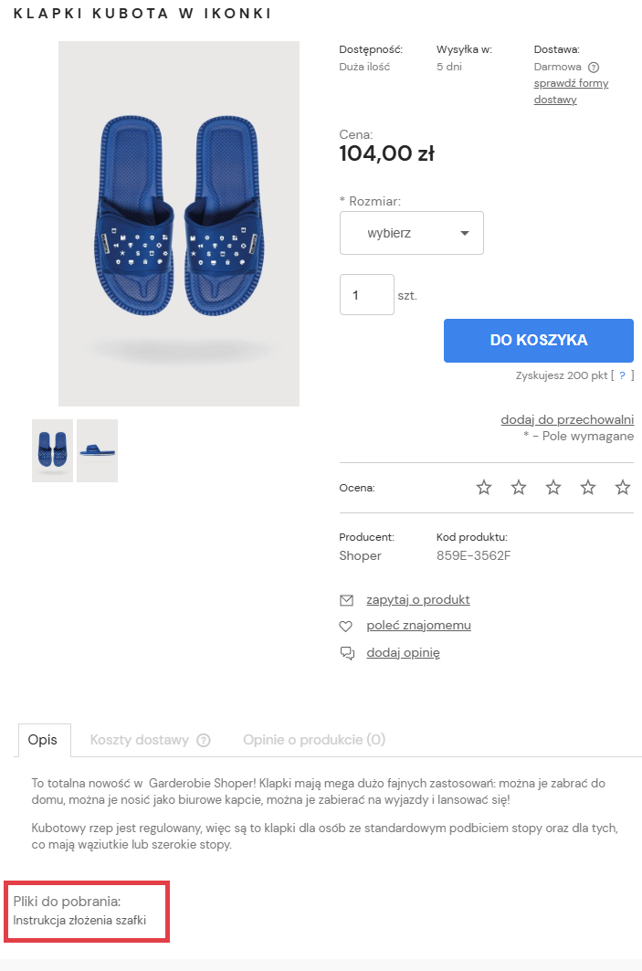 Pliki do pobrania widdoczne w poprzednej wersji szablonu Pliki do pobrania w karcie produktu widoczne na poprzedniej wersji szablonu