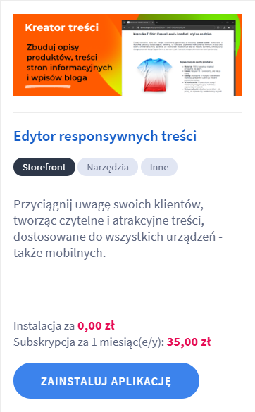 Zainstaluj aplikację Edytor responsywnych treści Panel administracyjny sklepu Shoper > Dodatki i integracje > Aplikacje