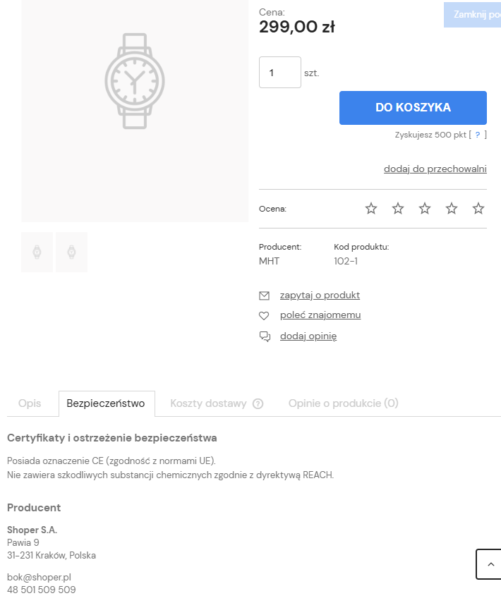 Informacje GPSR w starym szablonie w widoku z zakładkami Karta produktu - GPS w poprzedniej wersji szablonu