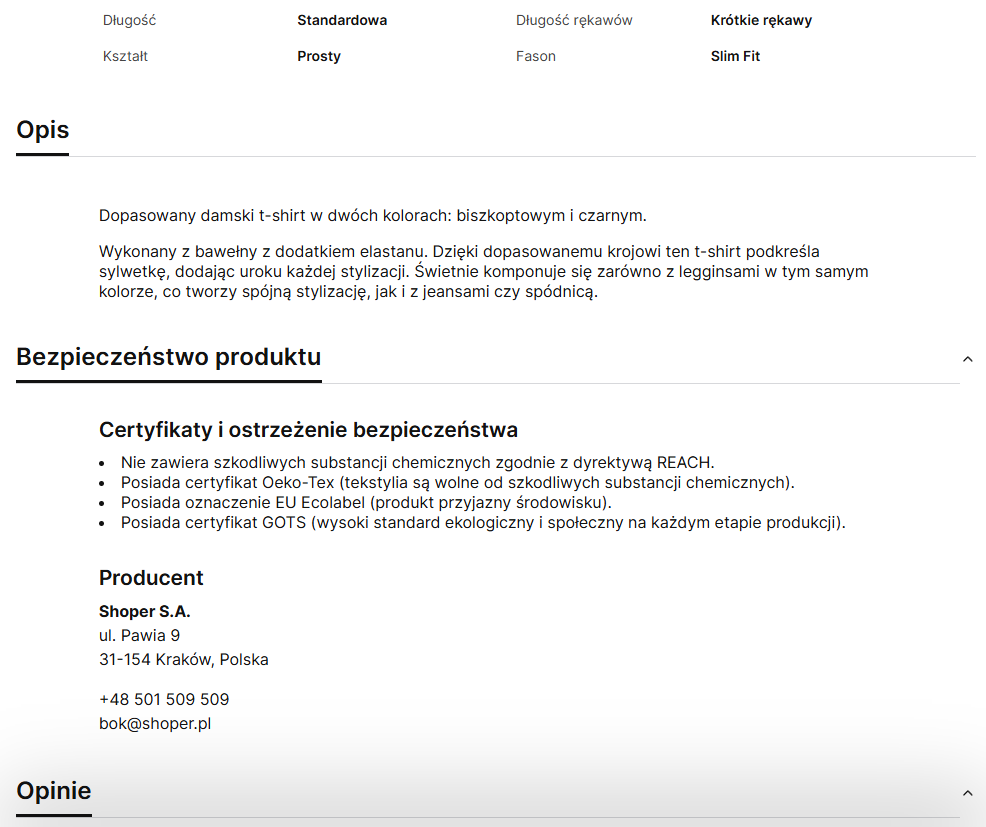 Informacje GPSR w szablonie Storefront Karta produktu - Storefront