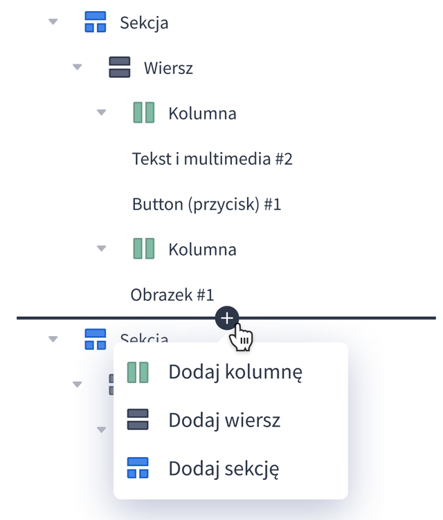 Kliknij ikonę plusa i dodaj nowy element do struktury strony Shoper Visual Editor - Dodawanie nowych elementów