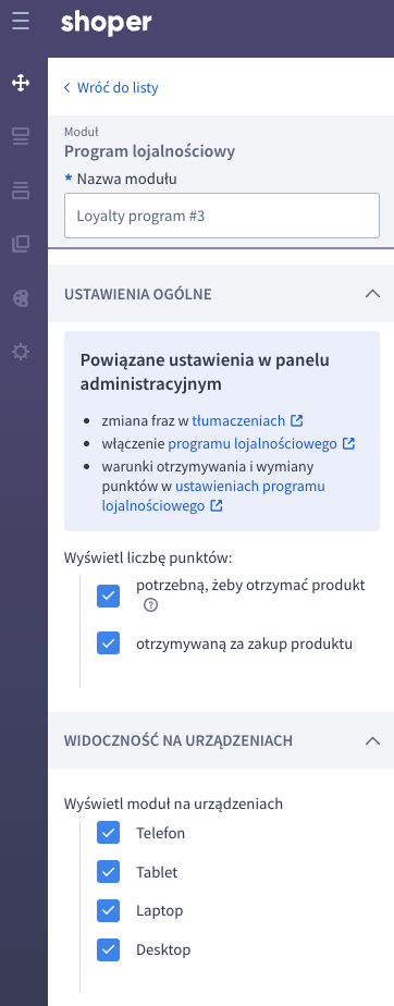 Zdecyduj jakie informacje będą wyświetlane w kupującym w module Programu loajlnościowego Shoper Visual Editor > Strona produktu > Lista dostępnych modułów