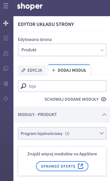 Przeciągnij moduł Program lojalnościowy w na kartę produtku Shoper Visual Editor > Strona produktu > Lista dostępnych modułów