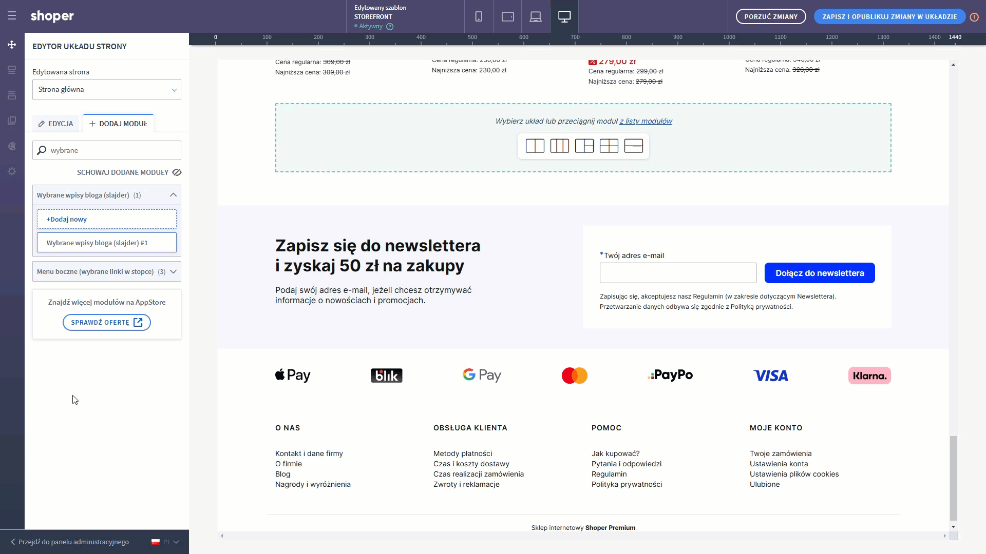 Wyjście z edycji modułu za pomocą klawisza Esc Shoper Visual Editor