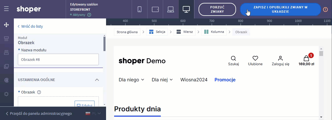 Zapisz i opublikuj zmiany w układzie przy użyciu skrótów klawiszoych Shoper Visual Editor - zapisywanie i publikowanie w układzie