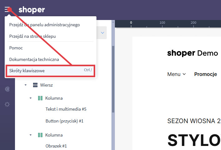 Dostępne skróty klawiszowe znajdziesz bez po Shoper Visual Editor