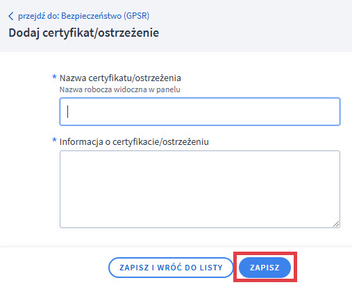 Uzupełnij informacje o certyfikacie Panel administracyjny sklepu Shoper > Obsługa sklepu > Bezpieczeństwo GPSR