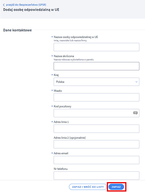 Uzupełnij dane osoby odpowiedzialnej w UE za bezpieczeństwo produktu Panel administracyjny sklepu Shoper > Obsługa sklepu > Bezpieczeństwo GPSR