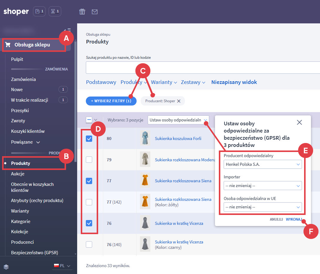 Odfiltruj produkty i przypisz do nich osoby odpowiedzialne za bezpieczeństwo Panel administracyjny sklepu Shoper > Produkty > Ustaw osobyu odpowiedzialne za bezpieczeństwo GPSR