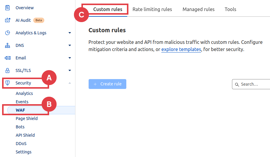Panel CloudFlare | Security > WAF > Custom Rules