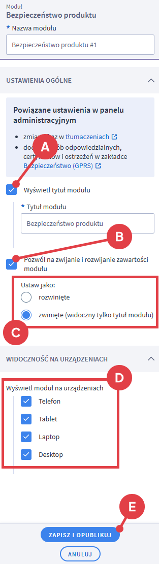 Wprowadź ustawienia dla modułu Bezpieczeństwo produktu Shoper Visual Editor > Moduł: Ustawienia bezpieczeństwo produktu