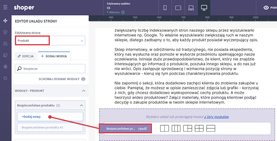 Przeciągnij moduł Bezpieczeństwo produktu na stronę produktu Shoper Visual Editor > Strona produktu > Moduł: Bezpieczeństwo produktu
