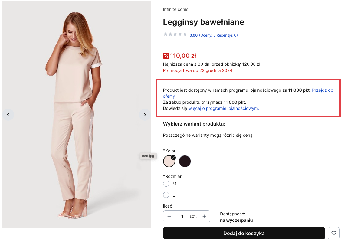 Klient zalogowany zobaczy także liczbę punktów potrzebną do zakupu produktu w programie lojalnościowym Karta produktu w sklepie Shoper > Moduł lojalnościowy