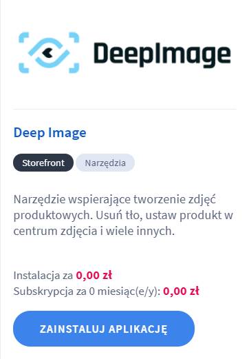 Panel administracyjny sklepu Shoper > Dodatki i integracje > Aplikacje> Aplikacja: Deep Image