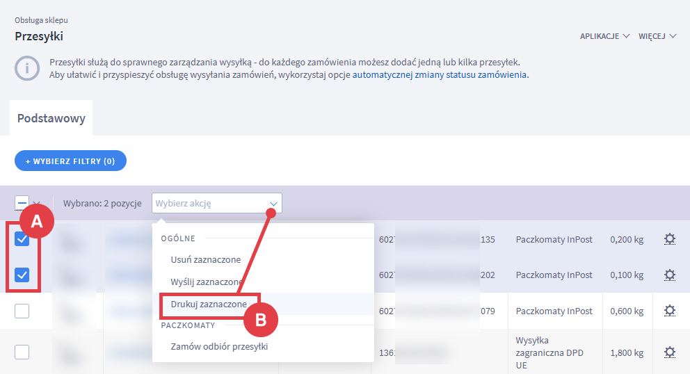 Panel administracyjny sklepu Shoper > Obsługa sklepu > Przesyłki