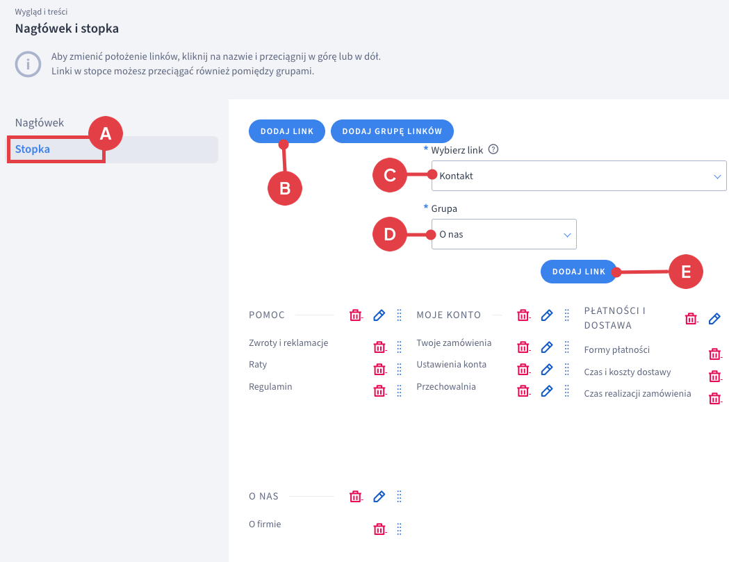 Dodawanie linka do strony kontaktowej w stopce w panelu administracyjnm sklepu Shoper