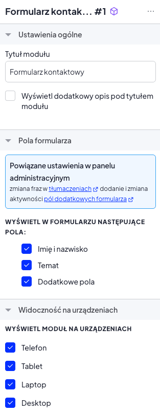 Ustawienia dostępne w module Formularz kontaktowy