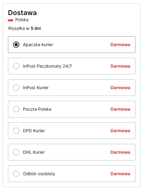 Aby zmienić domyślną formę dostawy, wystarczy zaznaczyć ją na liście Sekcja: Dostawa w koszyku po zmianach