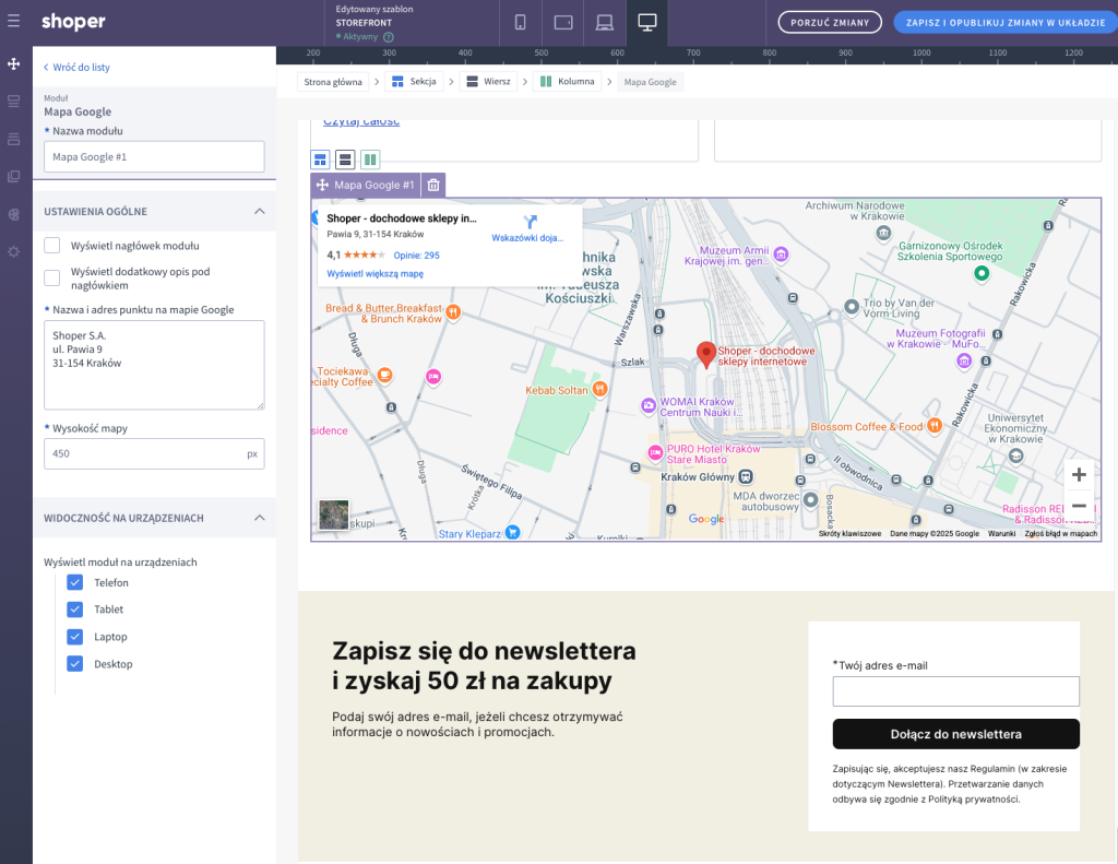 Moduł Google Maps w Shoper Visual Editor
