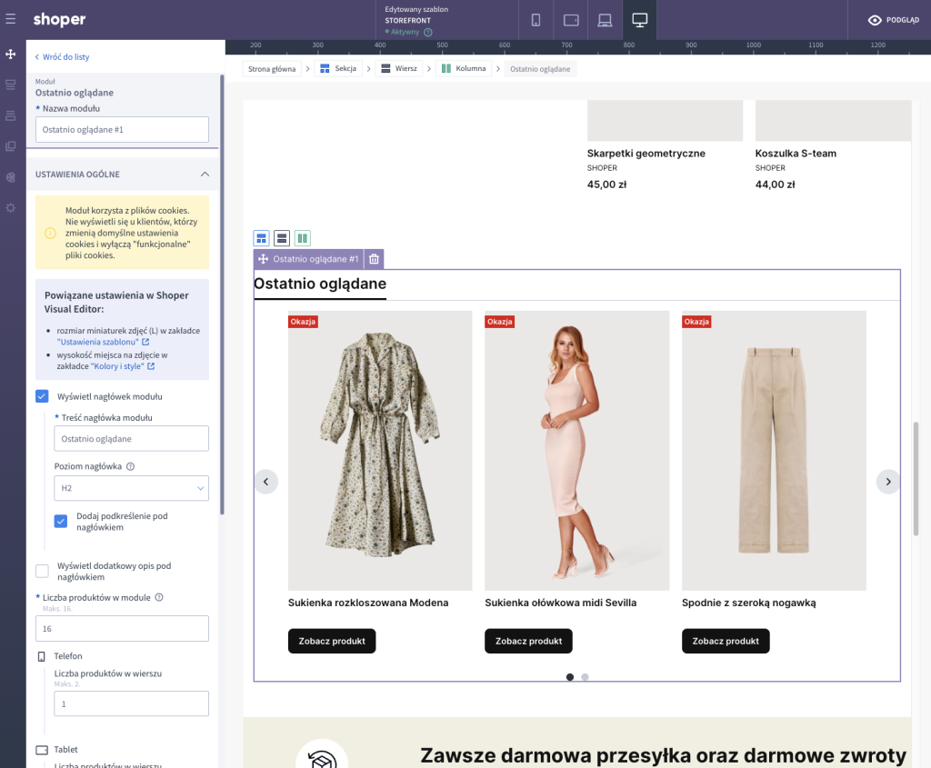 Nowy moduł w Shoper Visual Editor, wyświetlający ostatnio oglądane produkty