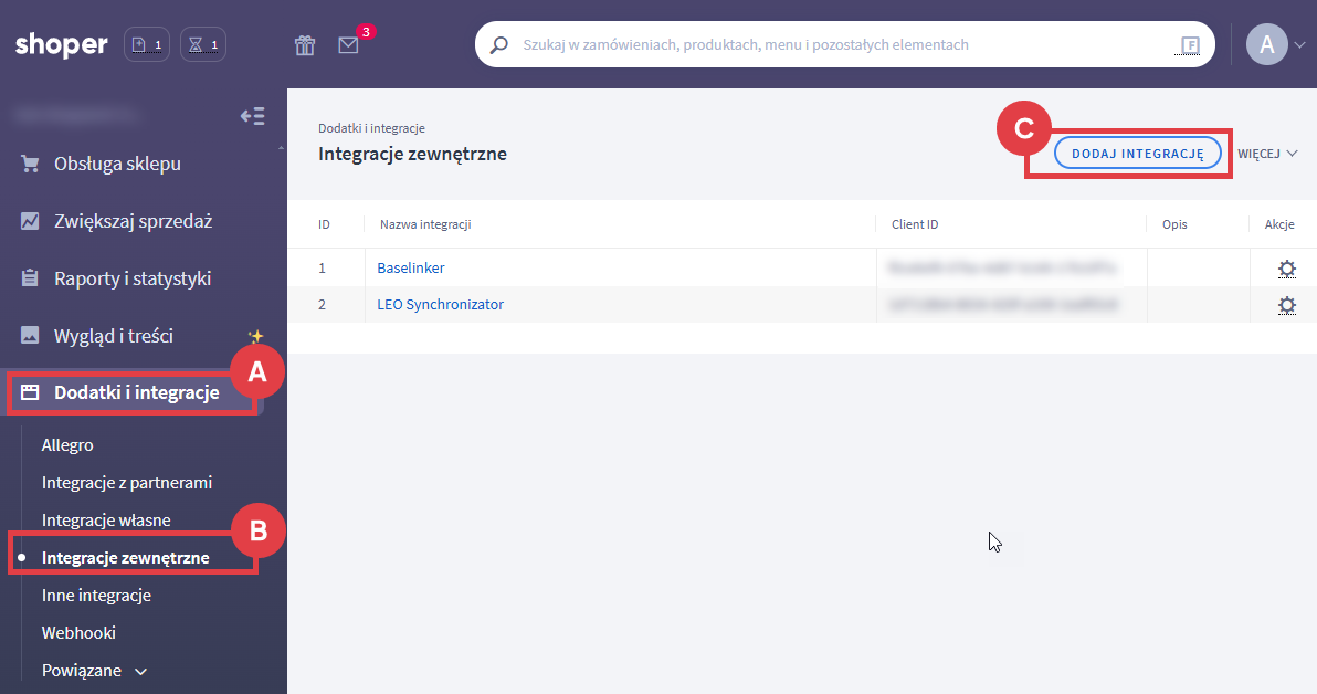 Panel administracyjny sklepu Shoper > Dodatki i integracje > Integracje zewnętrzne > DODAJ INTEGRACJĘ