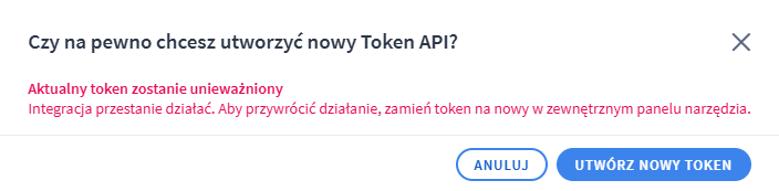 Potwierdzenie generowania nowego Tokena API dla istniejącej integracji z oprogramowaniem Shoper