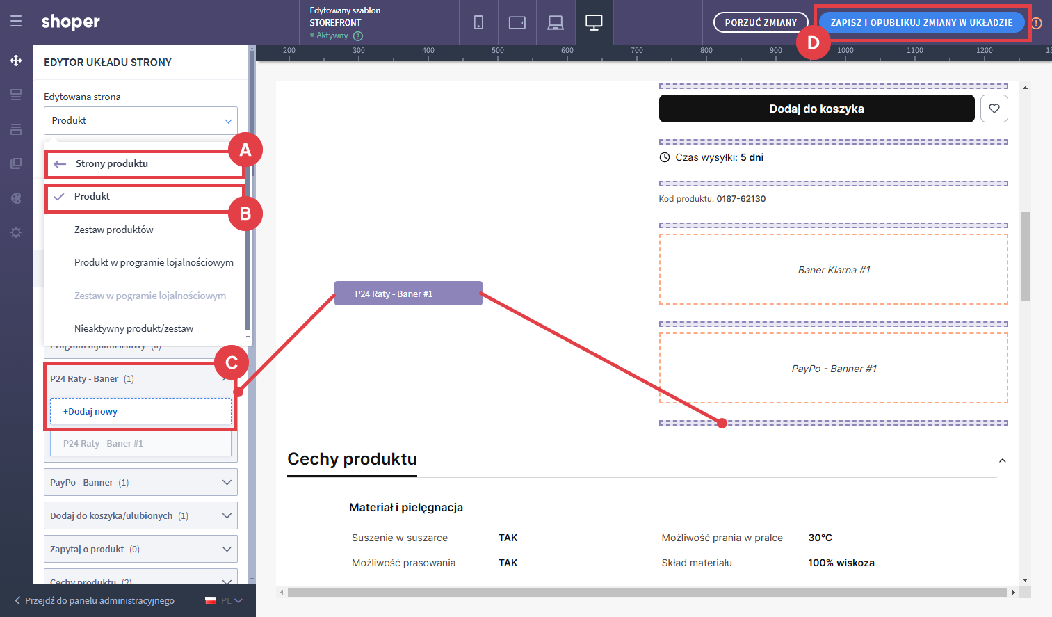 Umieszczanie modułu P24 Raty - Baner na karcie produktu w Shoper Visual Editor
