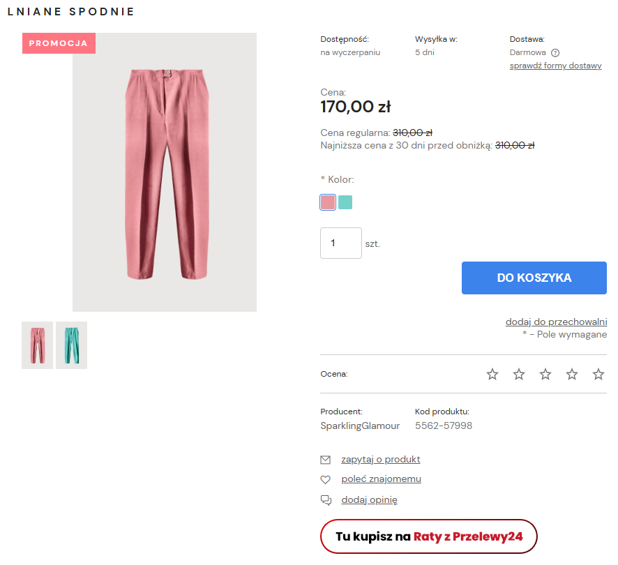 Baner Przelewy24 Raty widoczny w karcie produktu w szablonie w starej technologii