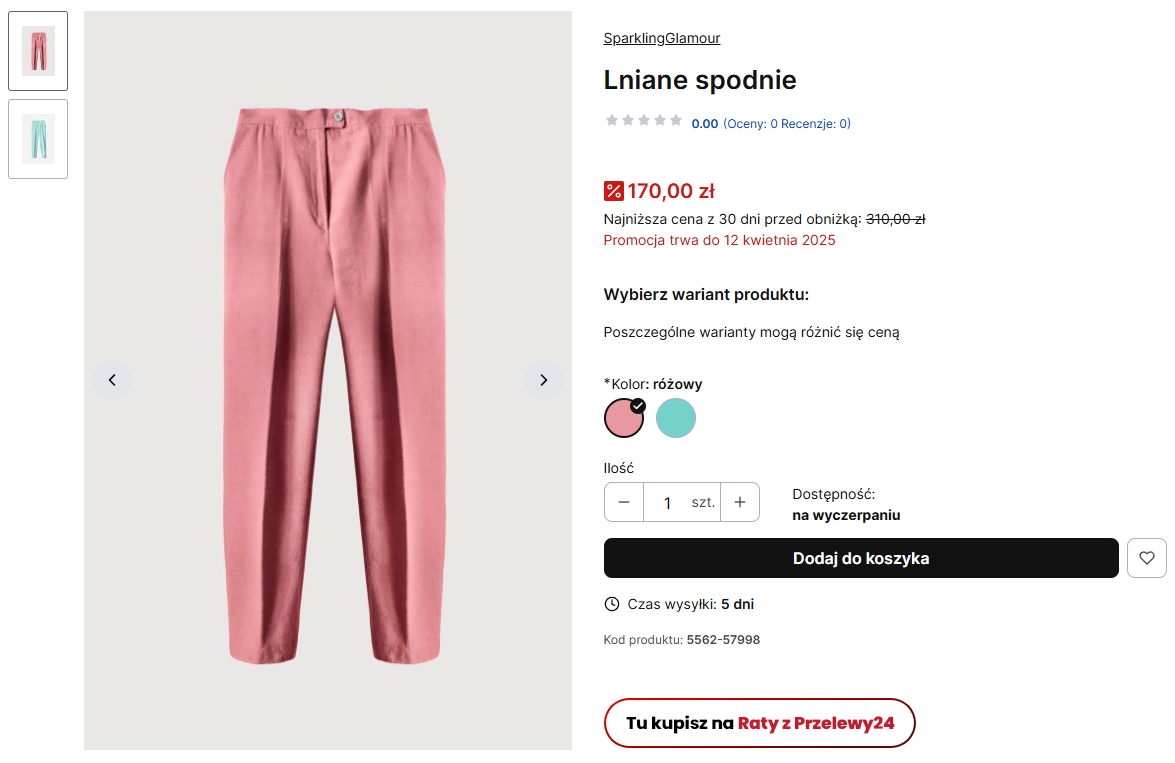 Baner Przelewy24 Raty widoczny w karcie produktu w szablonie Storefront