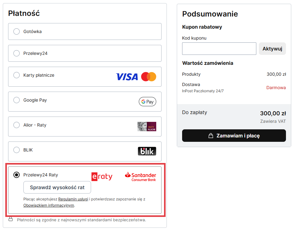 Przelewy24 Raty widoczna na liście form płatności na stronie koszyka w szablonie Storefront