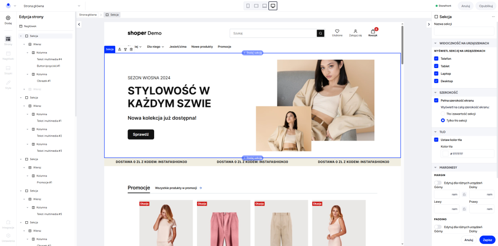 Shoper Visual Editor w technologii Storefront osadzony w nowym panelu o białej kolorystyce