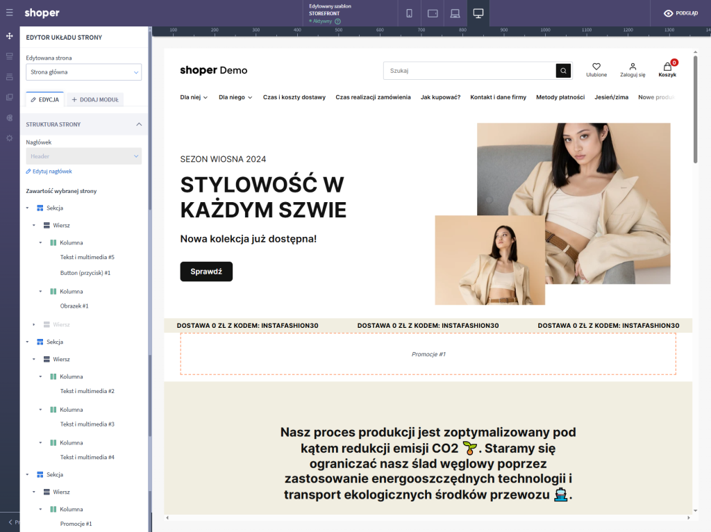 Shoper Visual Editor w technologii Storefront osadzony w panelu o fioletowej kolorystyce nawiązującej do starej technologii