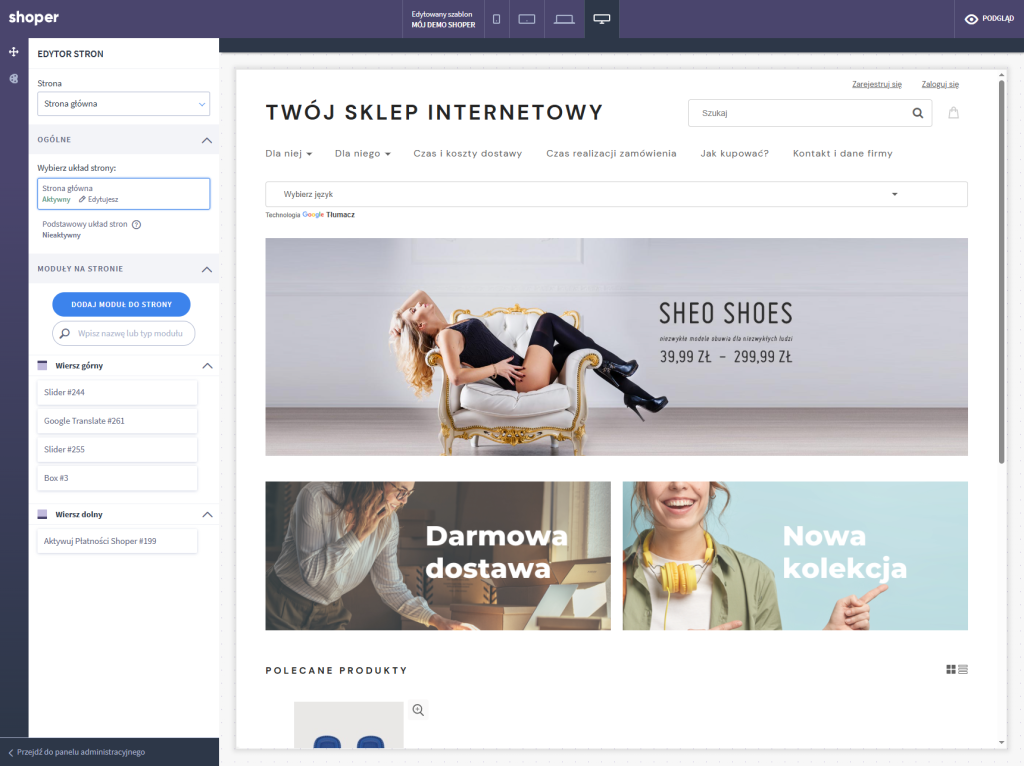 Shoper Visual Editor w starej technologii osadzony w panelu o fioletowej kolorystyce