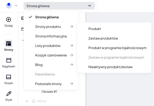 W nowej wersji Shoper Visual Editor, wszystkie poziomy listy z wyborem edytowanej strony widczne są jednocześnie