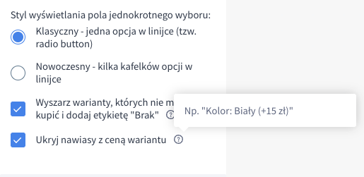 Opcja wyłączenia wyświetlania ceny wariantu w nawiasie