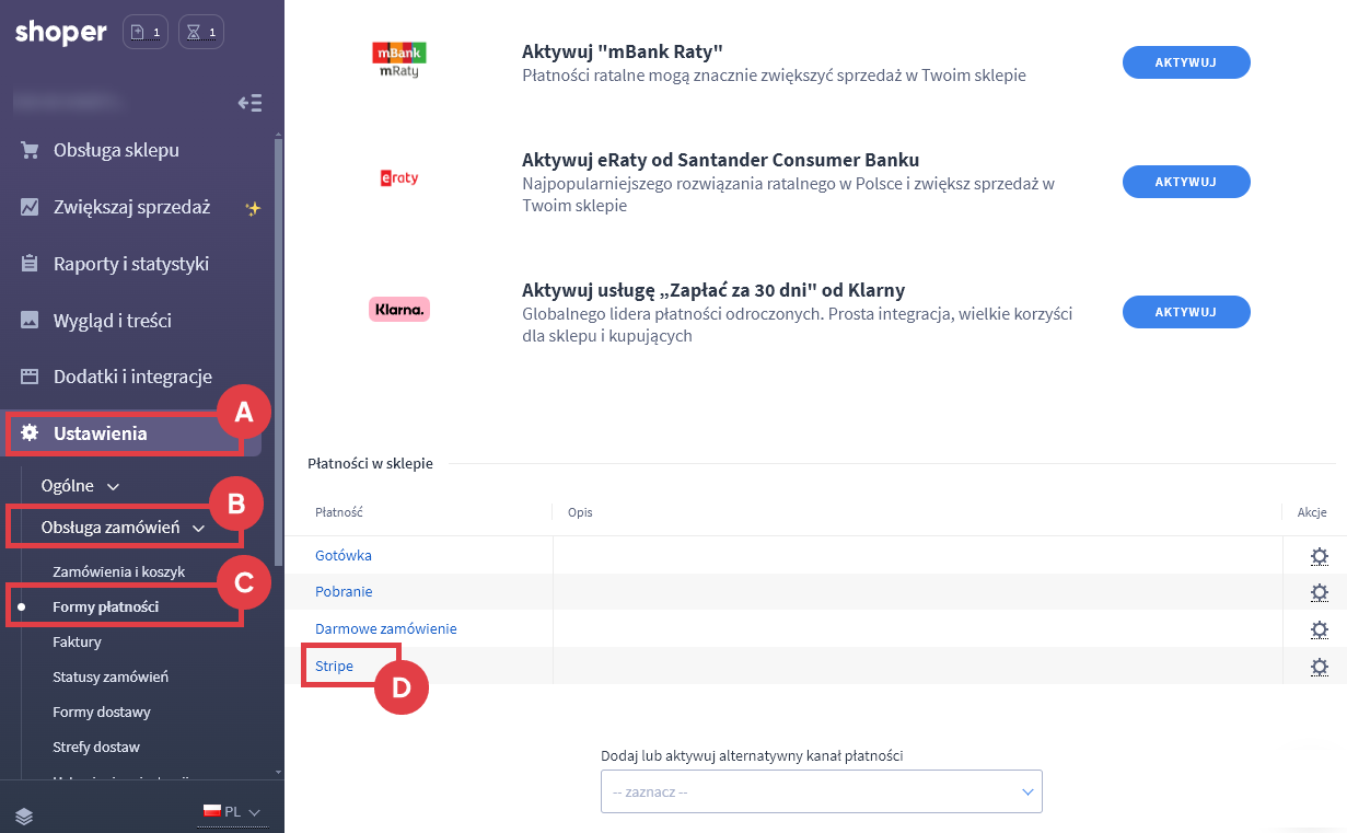 Przejśćie do edycji płatności Stripe w panelu administracyjnym sklepu Shoper
