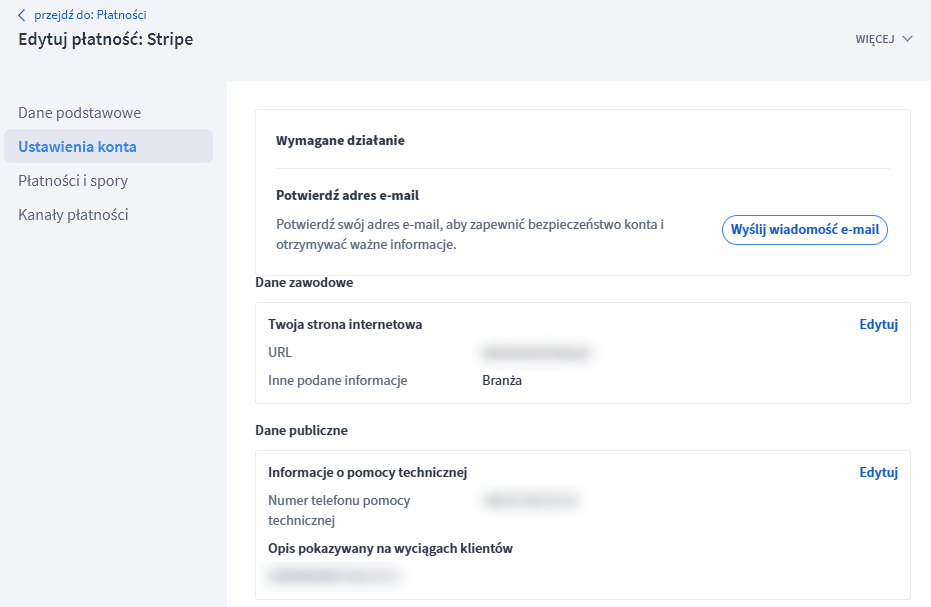 Możliwość edycji danych konta Striipe w panelu administracyjnym sklepu Shoper