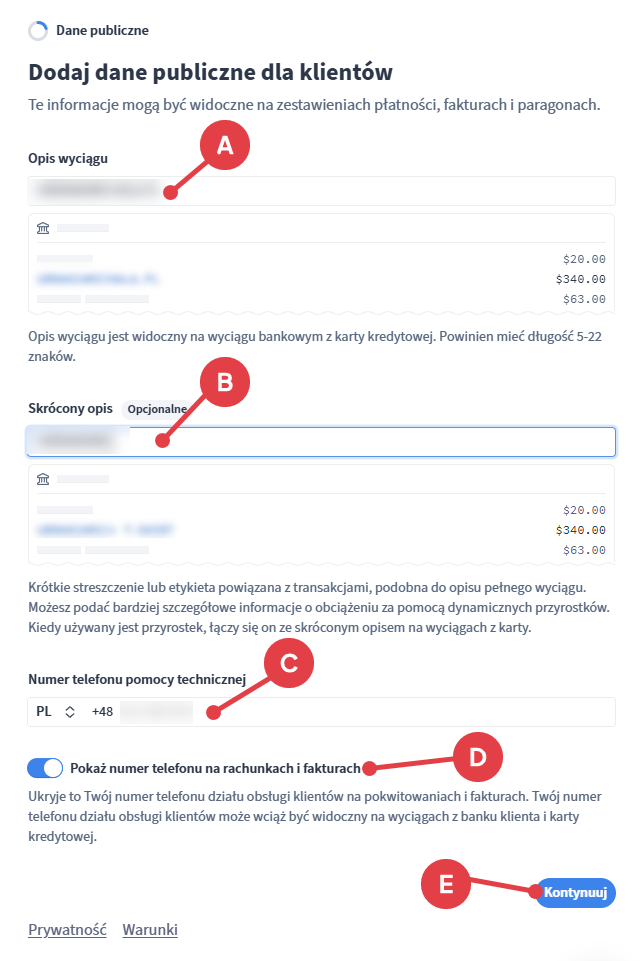Konfiguracja Stripe - Dodaj dane publiczne dla klientów